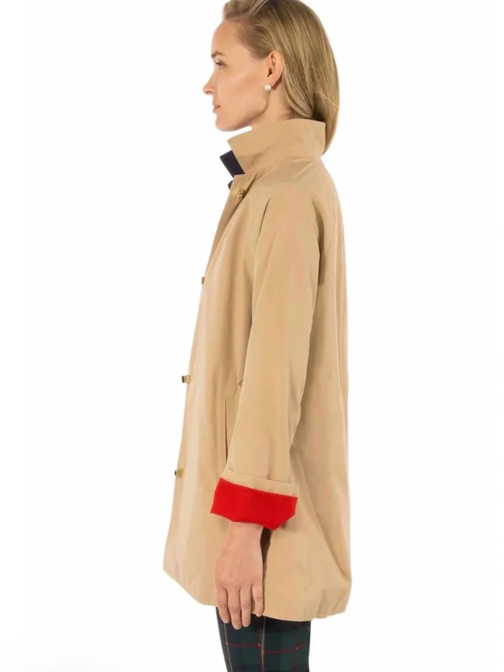 Gretchen Scott Tan Rain Coat with Red Cuff Detail - Picture 3 of 10
